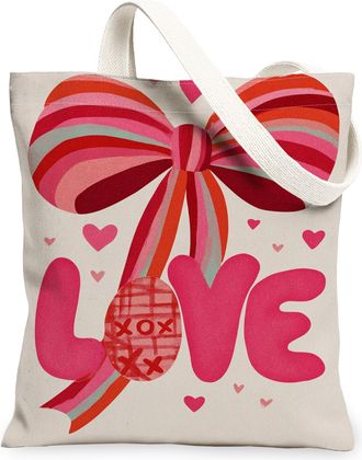 Generic ValentineS Day Love Canvas Tote Bags, Cute Bow Heart Pattern Reusable Grocery Bags, Lightweight Washable Shoulder Strap Ca, Peach, 13x15 Inch