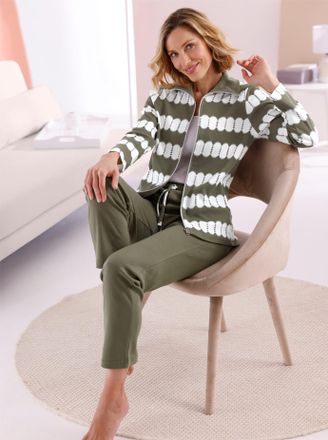 Feel Good Hausanzug FEEL GOOD, Damen, Gr. 18/19, gr&uuml;n (khaki, ecru, bedruckt), 60% Baumwolle, 40% Polyester, Homewear-Sets Hausanzug