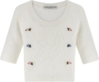 Alessandra Rich Geborsteld Mohair Vest - Dames - Ronde hals truien - Wit - S - Wol - Truien & Vesten