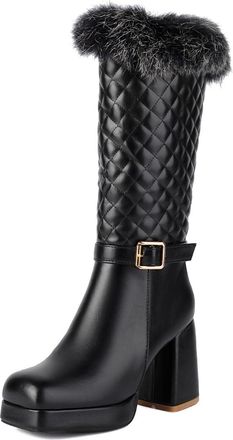 Generic Womens Square Toe Winter Boots with Buckle Chunky Heel Platform Long Boots PU Leather Mid-Calf Boot with Side Zipper,Black,6.5 UK