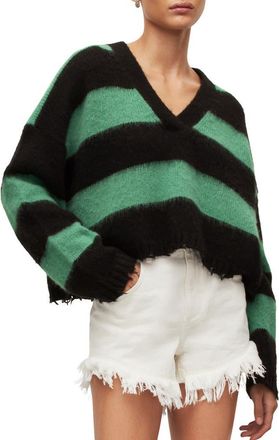 AllSaints Lou Stripe Crop Sweater in Black/Apple Green at Nordstrom, Size X-Small