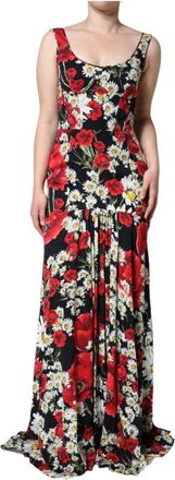 Dolce & Gabbana Floral Silk Maxi Jurk Mouwloze Scoop Neck Avondjurk - Dames - Avondkleed - Veelkleurig - M - Katoen - Kleedjes