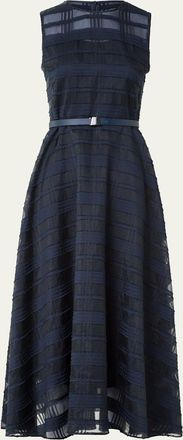 Akris Organdy Plaid Sleeveless A-Line Midi Dress With Belt