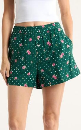 Open Edit Print Cozy Flannel Boxer Pajama Shorts in Green Polka Dot Rose at Nordstrom Rack, Size X-Large