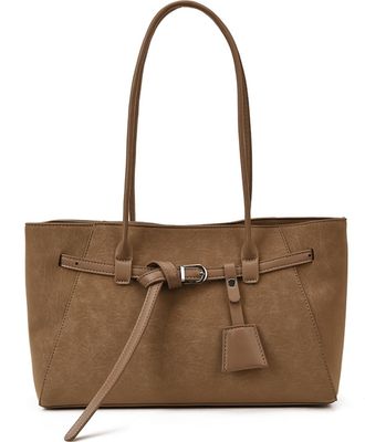 Generic PU Leather Vintage Shoulder Bag Large Capacity Commute Tote Handbag (Khaki)