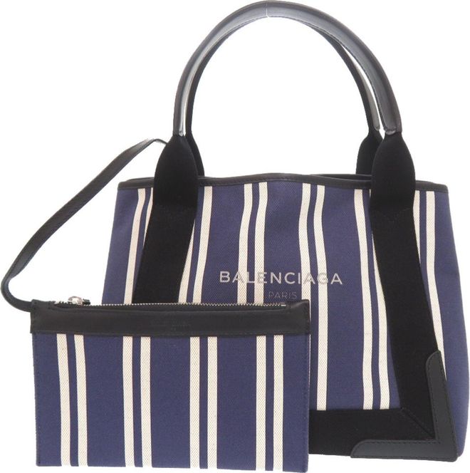 Black Navy White Canvas Leather Handbag Tote Bag (Pre-Owned)