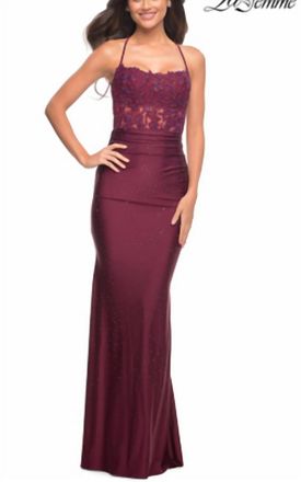 La Femme Embroidered Jersey Prom Gown In Burgundy
