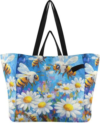 Generic Bees Flowers White print Reusable Canvas Tote Bag, Heavy Duty Grocery Shopping Bag with Double Handles Large Capacity Hard Bottom Work Groceries Trave