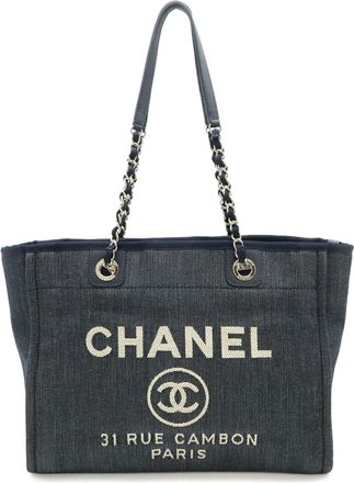 Chanel Navy Denim Leather Shoulder Bag Tote Bag (Pre-Owned)