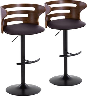 Cosi Mid-Century Modern Adjustable Barstool with Swivel in Black Metal, Walnut Wood and Brown Faux Leather with Rounded T Footrest - Set of 2