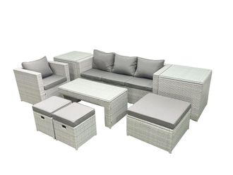 Fimous Rattan Garden Furniture Set Outdoor Lounger Sofa with Coffee Table 3 Footstools 2 Side Tables Light Grey Mixed 7 Seater