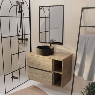 Aurlane Aurlane - Mueble De Ba&ntilde;o 80 Roble Cajones + Estantes - Lavabo Negro - Espejo Negros