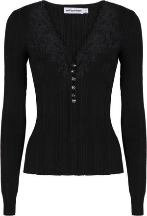 Self Portrait Ribgebreide top met kanten rand en V-hals - Dames - V-hals truien - Zwart - L - Polyester - Truien & Vesten