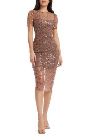 Dress The Population Lia Sequin Illusion Mesh Overlay Midi Cocktail Dress in Mauve at Nordstrom Rack, Size Medium