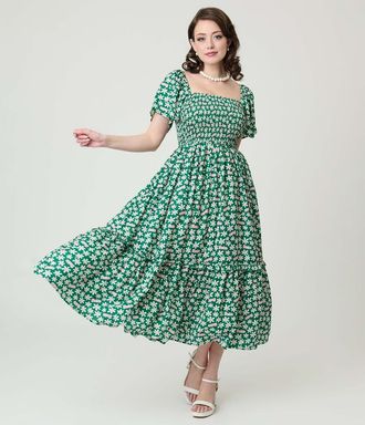 Unique Vintage Smocked Bodice Midi Dress in Green Ditsy Floral at Nordstrom, Size X-Large