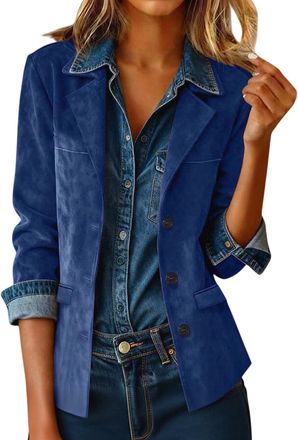 Generic Suede Jackets for Women Faux Leather Blazer Jacket Notch Lapel Fitted Button Down Outerwear Dressy Casual Ladies Coats(Dark Blue, M)