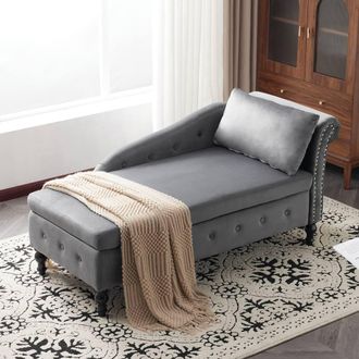 Merax Velvet Right Arm Chaise Lounge Sofa with Storage, Pillow in Grey