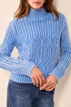 Tribal Mock Neck Sweater With Special Wash In Blue Aura