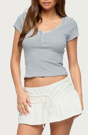Edikted Kady Stripe Short Sleeve Henley Top in Blue-And-White at Nordstrom, Size X-Large