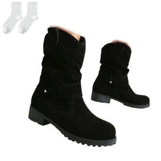 Generic Womens Winter Ankle Boots with A Low Block Heel, Fashionable Slip-On Boots in A Suede Look with A Pleated Design And Non-Slip Sole, Comfortable Winter