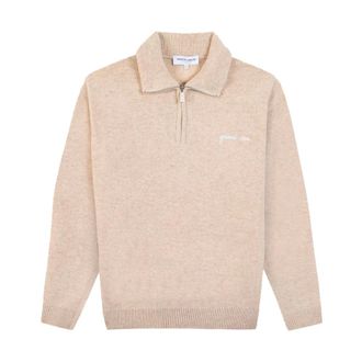 Maison Labiche V-neck Knitwear, male, Beige, Size: XL Zip Collar Embroidered Sweater