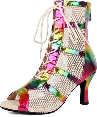 Miyoopark Dance Practice Shoes for Women Mesh Ballroom Sandals Party Prom Ankle Booties L446 Multicolor Synthetic 7.5cm Heel UK 2.5