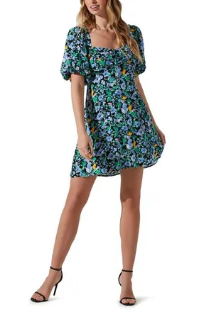 ASTR the Label Floral Print Puff Sleeve Dress in Periwinkle Black Multi at Nordstrom, Size X-Large