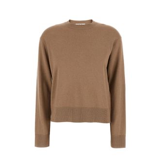 Max Mara Round-neck Knitwear, female, Brown, Size: L Eco Brown Crewneck Sweater with Logo Patch