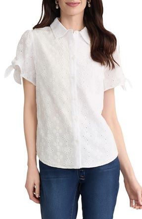 Jones New York Tie Sleeve Eyelet Embroidered Cotton Button-Up Shirt in Natural White at Nordstrom, Size X-Large