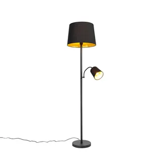 QAZQA Qazqa Cl&aacute;sico/antiguo L&aacute;mpara De Pie Inteligente Negra Con Dorado, Incluye Wi-fi A60 Y E14 - Retro Acero /textil Alargada Adecuado Para Led Max. 1 X 9