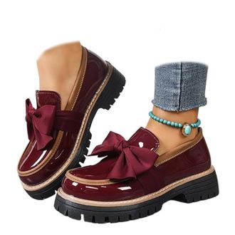 Generic Womens Patent Bowknot Thick Sole Loafers - Platform Round Toe Slip-On Shoes, Chunky Heel Non-Slip Loafers for Women for Office Business Work Everyday 