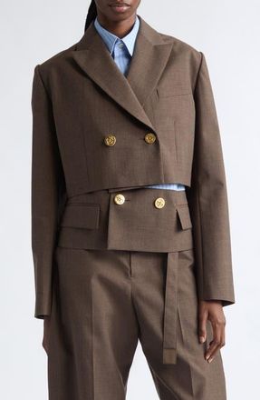 sacai Mixed Media Wool Suiting & Stripe Cotton Blend Poplin Jacket in Brown/light Blue Stripe at Nordstrom, Size 3