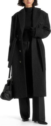 Mani&egrave;re De Voir Jena Wide Shoulder Wool Coat with Cinch Belt in Black at Nordstrom, Size Large