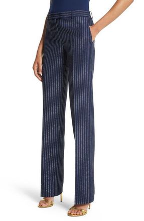 Michael Kors Carolyn Metallic Pinstripe Straight Leg Pants in 447 Navy/gold Metallic at Nordstrom, Size 0