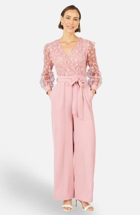Yumi Sash Waist Floral Applique Wrap Jumpsuit in Pink at Nordstrom, Size 10