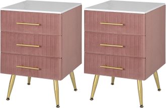 Woltu Woltu Set Di 2 Comodino Camera Da Letto In Velluto Con Tre Cassetti. Cassettiera In Legno. Organizzatore Da Letto. Gambe In Metallo. Bianco E Rosa