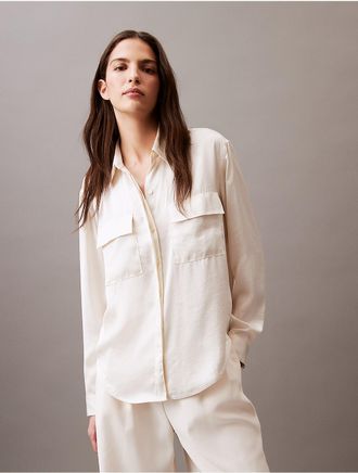 Calvin Klein Womens Crushed Satin Button-Down Shirt - White - XS