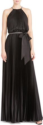 Monique Lhuillier Pleated Chain Detail Satin A-Line Gown in Black at Nordstrom, Size 12