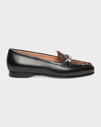 Santoni Leopard Calf Hair and Leather Bit Loafers