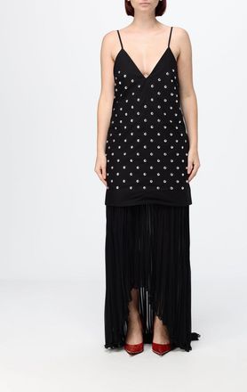 Msgm Abito lungo da sera plissettato in cotone con ricami e scollo a V