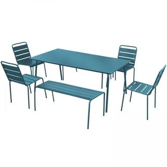 Oviala Conjunto de jard&iacute;n con 2 bancos y 4 sillas de acero azul pac&iacute;fico