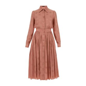 Dolce & Gabbana Shirt Dresses, female, Pink, Size: XS Silk satin jacquard shirt dress with DG logo