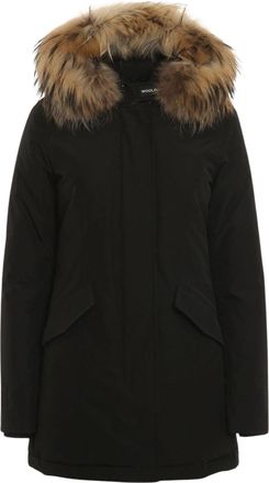 Woolrich Structured Black Parka with Racoon Fur Trim