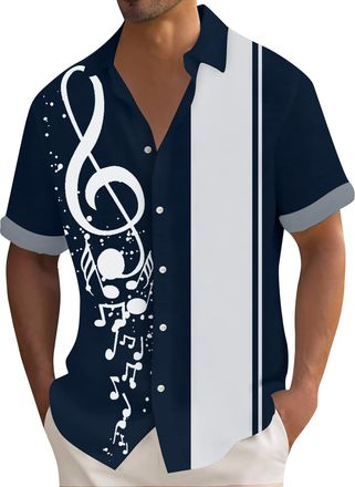 Generic Mens Linen Shirts Short Sleeved Regular Fit Cotton Shirt Button Down Hawaiian Holiday Print Tops Lightweight Henley Blouses,Blue,M