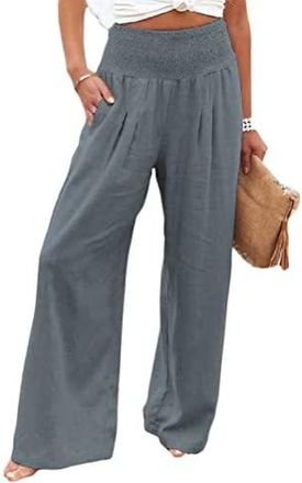 Pantalon Large Femme En Lin Et Coton - Taille Basse, élastique, Léger, Cordon De Serrage, Pour été