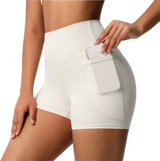 Generic Womens Cycling Shorts with Pockets High Waist Tummy Control Gym Shorts Tights Soft Strech Sports Pants for Running Yoga Workout Fitness, Beige, S
