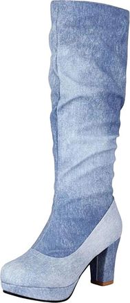 Generic Womens Denim Knee High Boots Block Heel Vintage Jeans Style Riding Booties