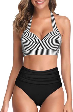 Generic Bikini Set Womens Swimwear High Waisted V Neck Women Bikinis Set Push Up Sexy Vintage Beachwear Twist Front Bikinis Top Ruched Retro Swimmwear Bathing