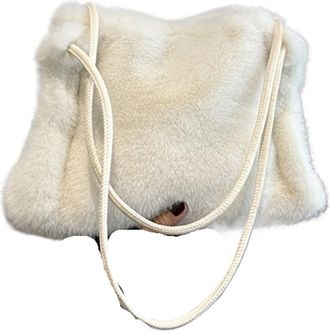 Generic Womens Plush Bags Plush Large-capacity Bag Womens Autumn And Winter Shoulder Underarm Fashionable Bucket Handbag(White)