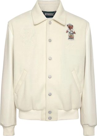 Philipp Plein Leather and Wool Bomber Teddy Beach - Heren - Leren en Su&egrave;de Jassen - Wit - XL - Wol - Jassen